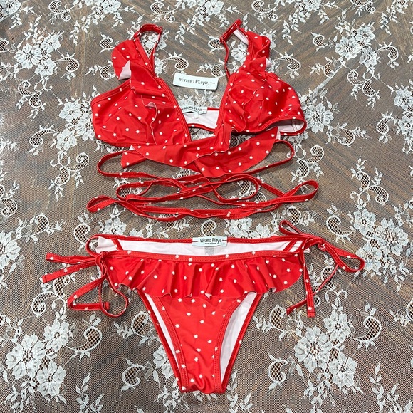 🌟 NWT Red White Stars Ruffle Wrap Bikini Set - Picture 1 of 3